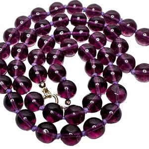 Vintage Necklace Purple Amethyst Color GLASS Round Beads Hand Knotted Beauty 23"